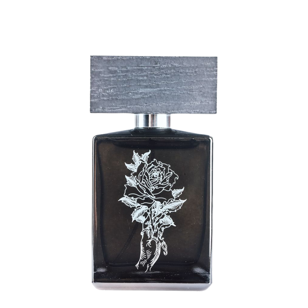 Flakon von BeauFort London Acrasia Eau de Parfum dunkler Glasflakon mit Rosenmotiv erhältlich bei scentamor