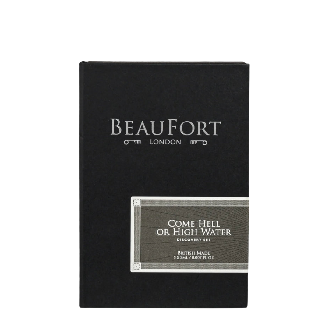 Freigestellte Box des BeauFort London Come Hell or High Water Discovery Kit elegante schwarze Verpackung britischer Nischenduft erhältlich bei scent amor
