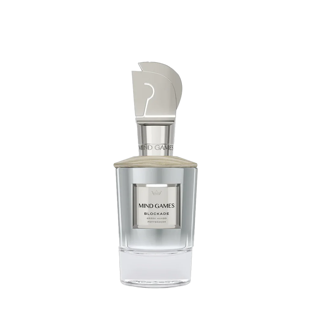 Parfümflakon "Blockade" von Mind Games, in einem eleganten, transparenten Design mit metallischem Verschlusspräsentiert bei scent amor.