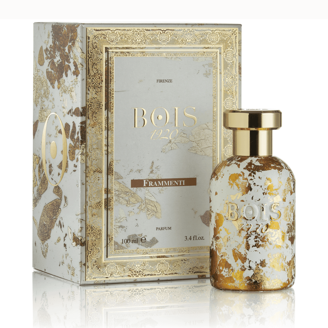 Bois 1920 Frammenti Parfum, Flakon und Box, luxuriöser Duft mit goldener Eleganz und kunstvollem Design, erhältlich bei scent amor