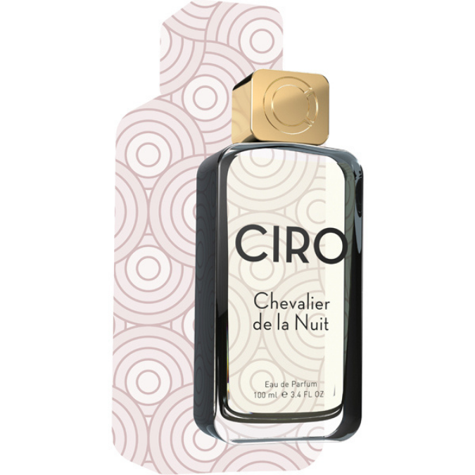 Ciro Chevalier de la Nuit Eau de Parfum, moderner Duftflakon vor grafischem Musterhintergrund, elegant und ästhetisch, erhältlich bei scent amor.