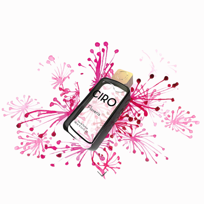 Ciro Floveris Eau de Parfum, inszenierter Duftflakon vor grafischem Hintergrund mit floralen Elementen, modern und ausdrucksstark, erhältlich bei scent amor.