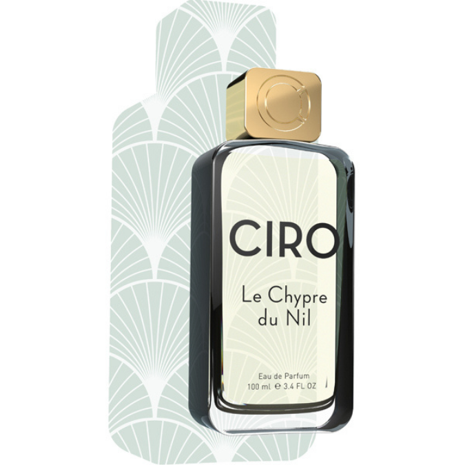 Ciro Le Chypre du Nil Eau de Parfum, moderner Duftflakon vor stilisiertem Musterhintergrund, elegant und hochwertig, erhältlich bei scent amor.