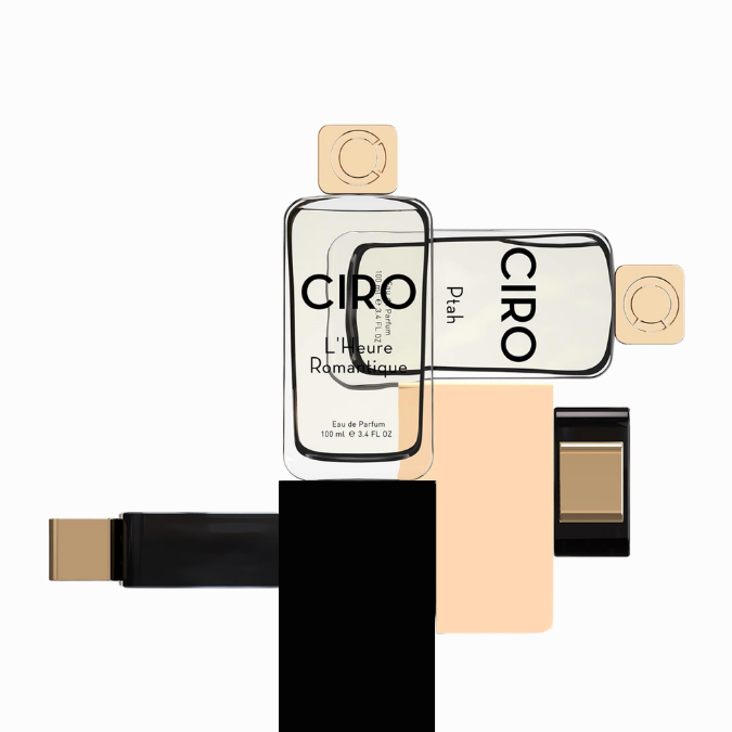 Ciro L’Heure Romantique Eau de Parfum, kreativ inszenierter Duftflakon mit grafischem Hintergrund, elegant und künstlerisch, erhältlich bei scent amor.