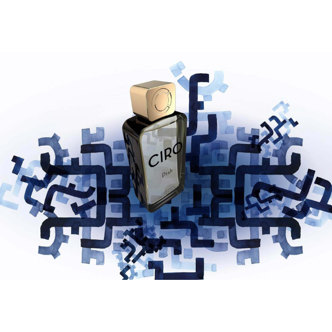 Ciro Ptah Eau de Parfum, Duftflakon in kreativer Darstellung mit abstrakten Mustern, künstlerisch und modern interpretiert, erhältlich bei scent amor.