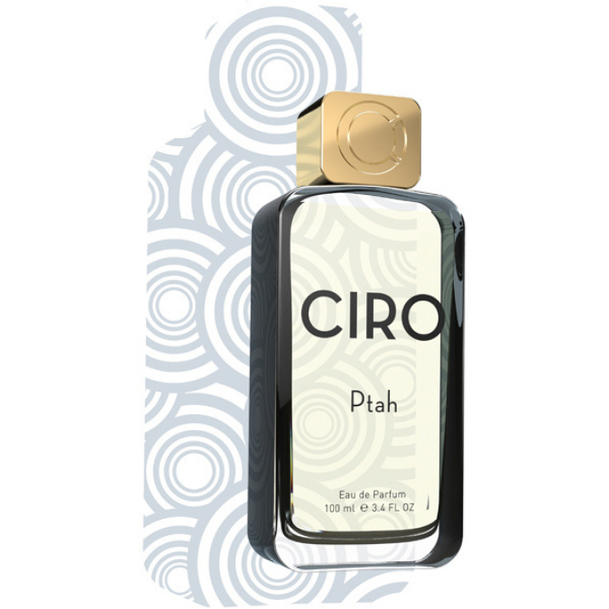 Ciro Ptah Eau de Parfum, eleganter Duftflakon mit klaren Linien und goldener Verschlusskappe, modern und hochwertig, erhältlich bei scent amor.