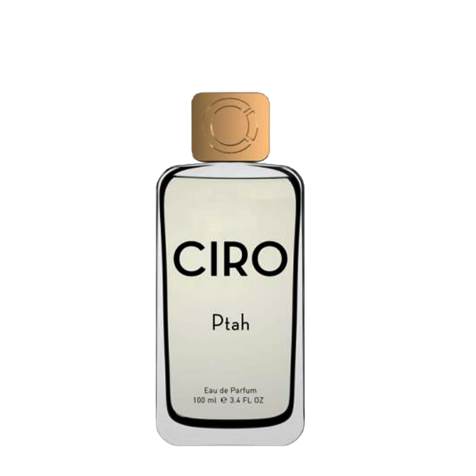 Ciro Ptah Eau de Parfum, eleganter Duftflakon mit klarer Form und goldener Verschlusskappe, modern und stilvoll, erhältlich bei scent amor.
