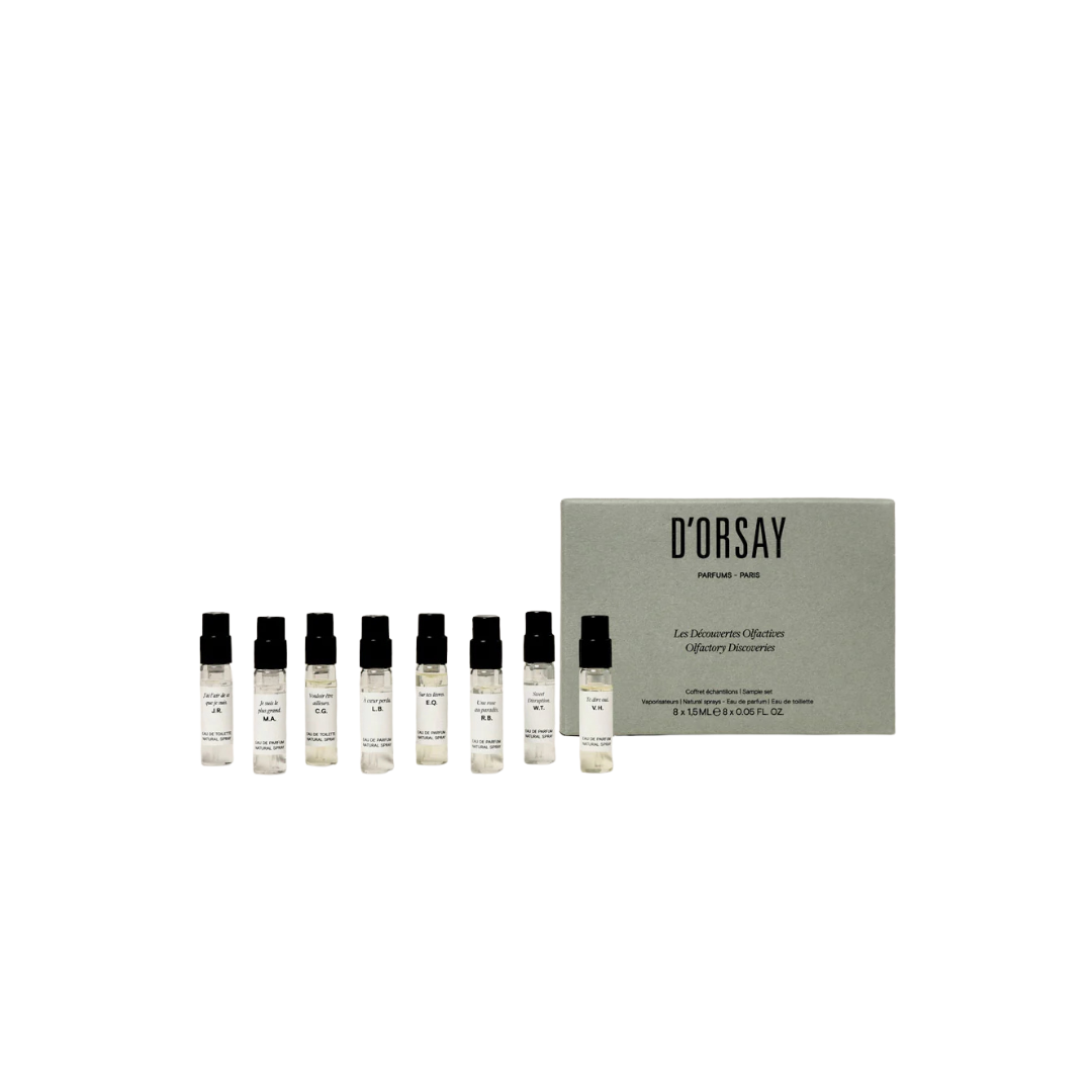 D’Orsay Les Découvertes Olfactives Discovery Set, Duftset mit acht 1,5-ml-Proben nebeneinander vor der Box angeordnet, erhältlich bei scent amor.