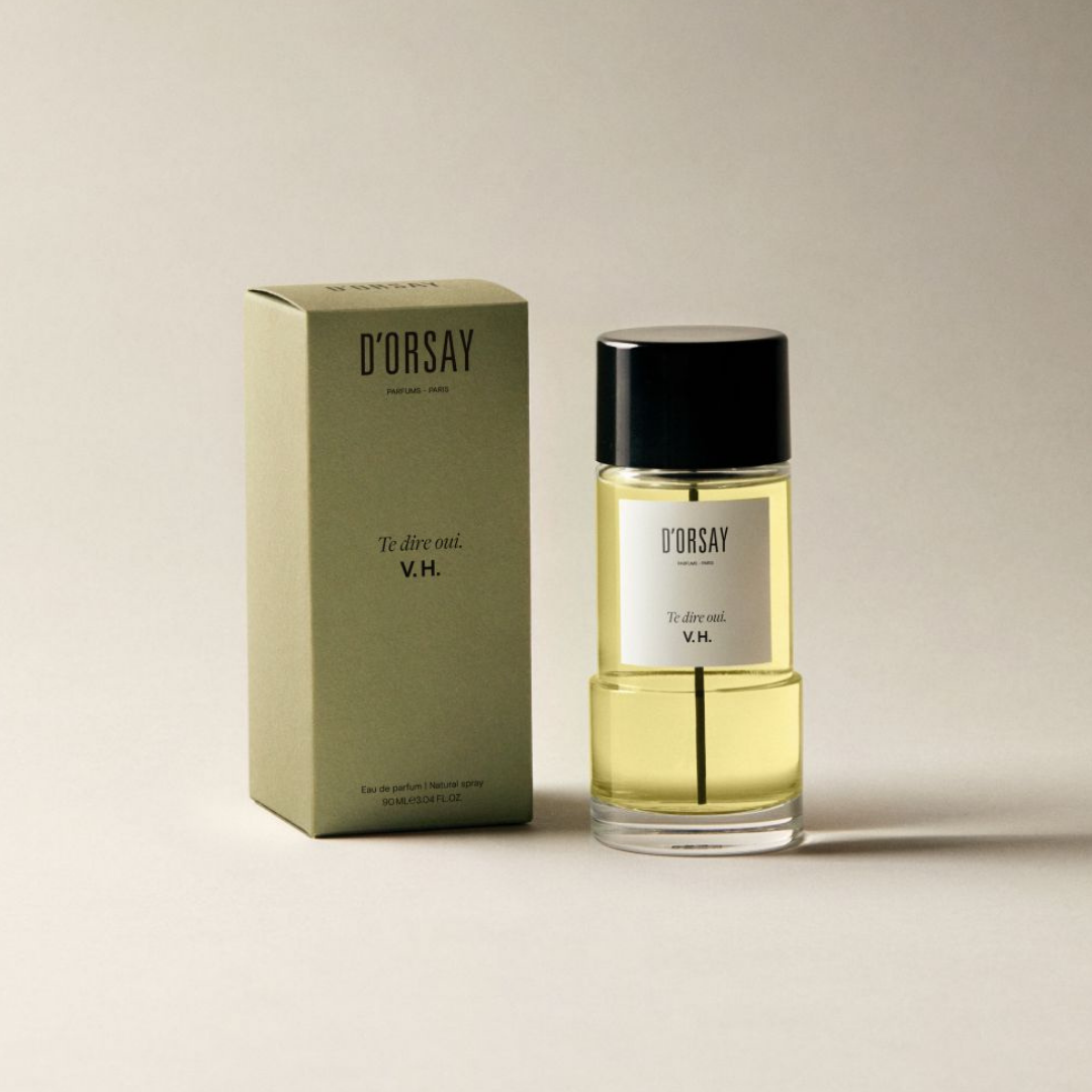 Flakon und Verpackung von Te dire oui. V.H. Eau de Parfum von D’Orsay, minimalistisches Design mit klarer Formsprache, erhältlich bei scent amor.