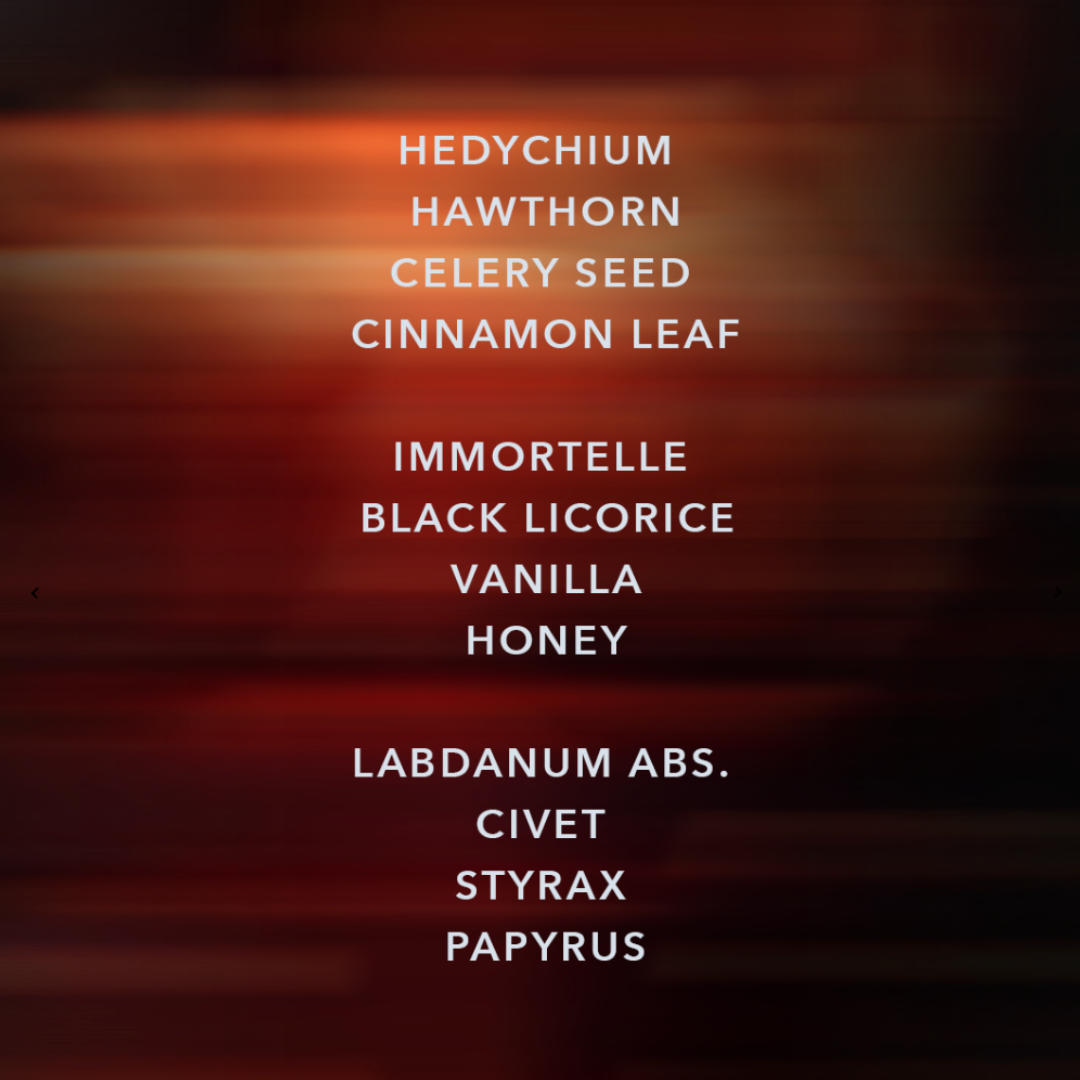 D:SOL MMXVI Ládano Eau de Parfum, grafische Darstellung der Duftnoten wie Immortelle, Labdanum, Vanille und Styrax auf warmem Hintergrund, erhältlich bei scent amor.