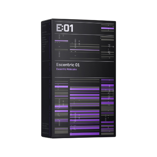 Escentric Molecules Escentric 01 Eau de Toilette Verpackung, schwarze Box mit grafischem Muster in Grau und Violett, stilvoll und modern, erhältlich bei scent amor.