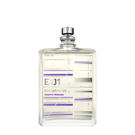 Escentric Molecules Escentric 01 Eau de Toilette, transparenter Flakon mit grafischem Muster in Grau- und Violetttönen, modern und minimalistisch gestaltet, erhältlich bei scent amor.