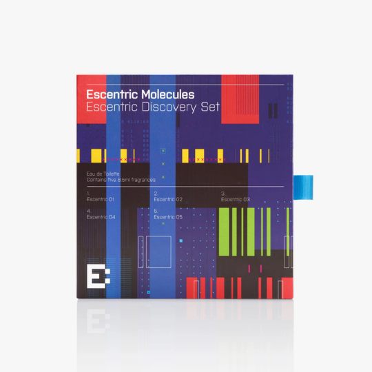 Escentric Molecules Escentric Discovery Set Eau de Toilette Verpackung, grafisch gestaltete Box in kräftigen Farben und modernem Stil, erhältlich bei scent amor.