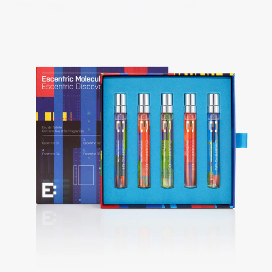 Escentric Molecules Escentric Discovery Set Eau de Toilette mit farbigen Probenflakons in geöffneter Box, modernes Design und vielfältige Duftauswahl, erhältlich bei scent amor.