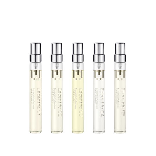 Escentric Molecules Escentric Discovery Set Eau de Toilette, fünf schlanke Probenflakons der Escentric Reihe in minimalistischem Design, erhältlich bei scent amor.