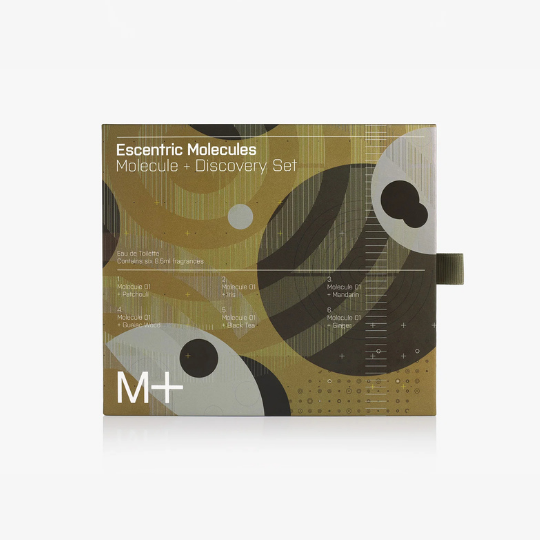 Escentric Molecules M+ Discovery Set Eau de Toilette Verpackung, grafisch gestaltete Box mit modernem Design und klaren Linien, erhältlich bei scent amor.