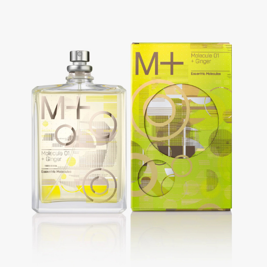 Escentric Molecules Molecule 01 + Ginger Eau de Toilette mit Flakon und leuchtend gelber Verpackung, modernes Design trifft auf frischen Ingwerakkord, erhältlich bei scent amor.