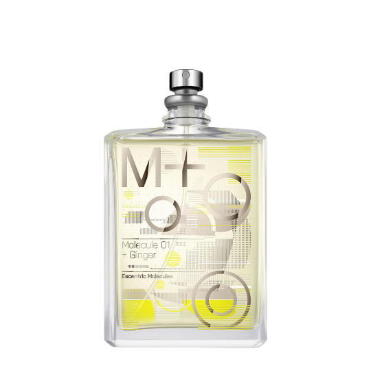 Escentric Molecules Molecule 01 + Ginger Eau de Toilette, transparenter Flakon mit gelben grafischen Elementen und modernem Design, frischer würziger Duft, erhältlich bei scent amor.