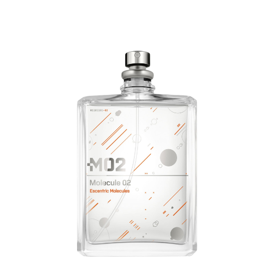 Escentric Molecules Molecule 02 Eau de Toilette, transparenter Flakon mit feinem grafischem Muster in Grau- und Orangetönen, minimalistisch und modern, erhältlich bei scent amor.