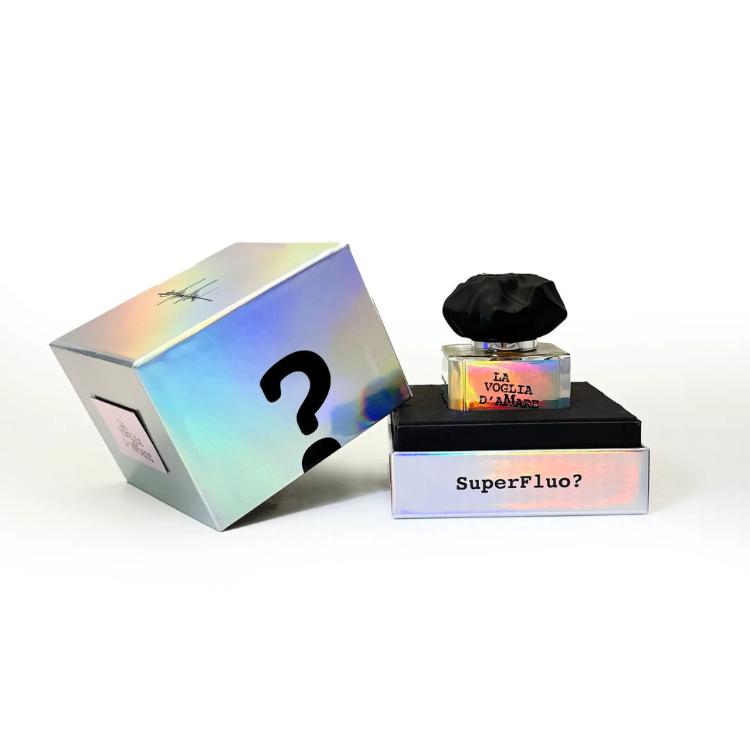 Filippo Sorcinelli La Voglia d’Amare Extrait de Parfum, Flakon mit holografischer Box SuperFluo?, avantgardistische Duftkunst, erhältlich bei scent amor.