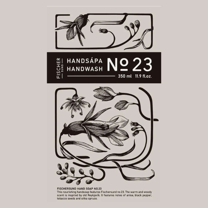 Fischersund No. 23 Hand Wash, grafisches Verpackungsdesign mit botanischer Illustration und Produktinformationen, erhältlich bei scent amor.