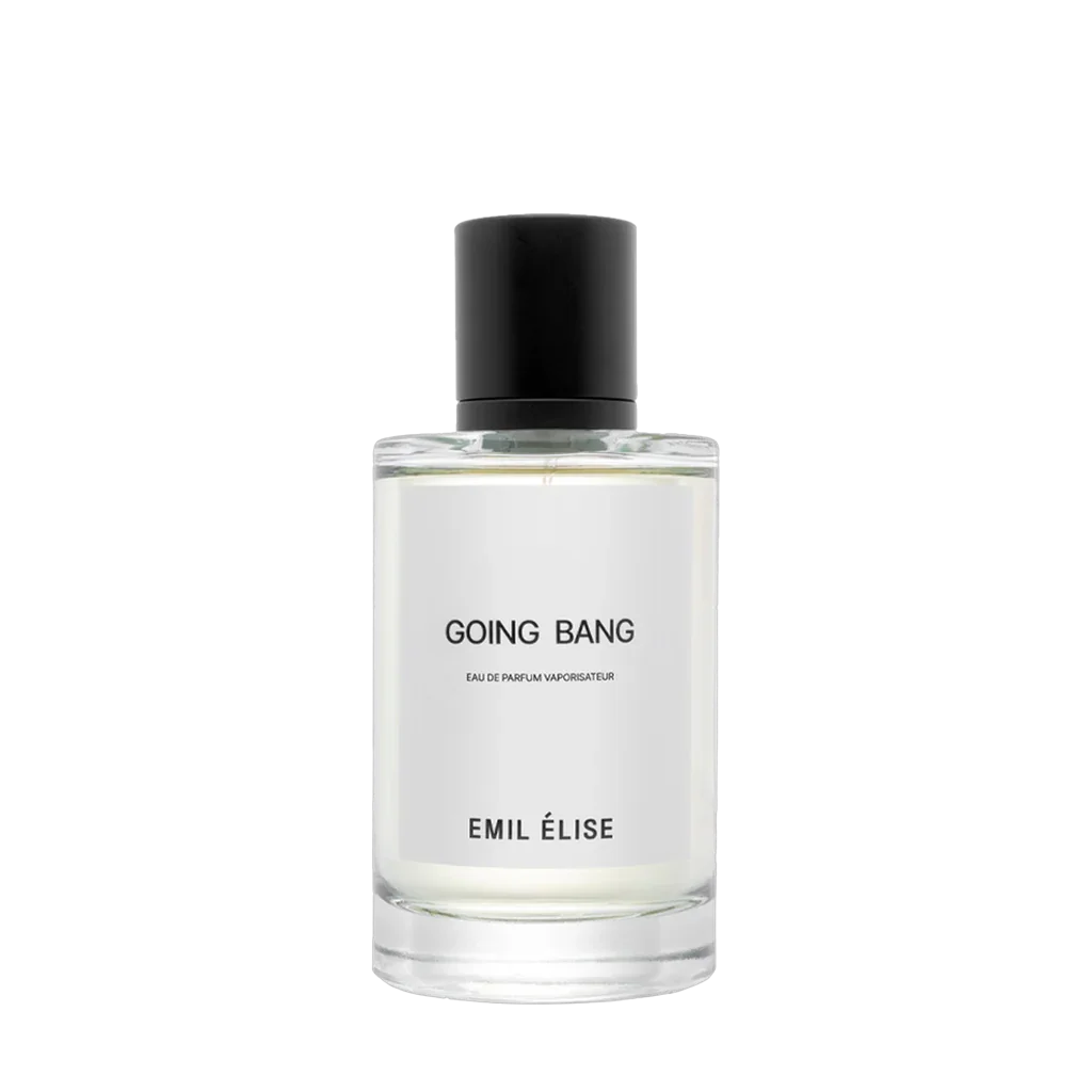 Transparente Parfümflasche mit schwarzem Deckel, "Going Bang" von Emil Élise auf dem Etikett bei scent amor Fachmann für Nischenparfum