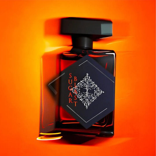 Initio Parfums Privés Sugar Blast Eau de Parfum, künstlerische Darstellung des Flakons in leuchtendem Orange mit dynamischer Bewegung, intensiver Duftcharakter, erhältlich bei scent amor.