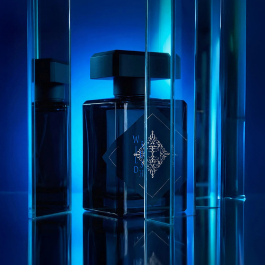 Initio Parfums Privés Wild Rush Eau de Parfum, Flakon inszeniert in kühlem blauem Licht zwischen Glasflächen, mystische und moderne Duftpräsentation, erhältlich bei scent amor.