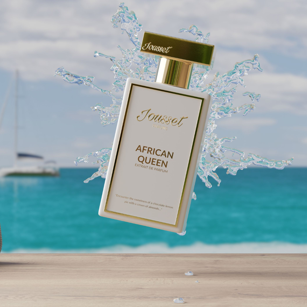 Jousset Parfums African Queen Extrait de Parfum – Flakon am Strand, Sinnbild für sonnige Wärme und exotische Sinnlichkeit bei scent amor