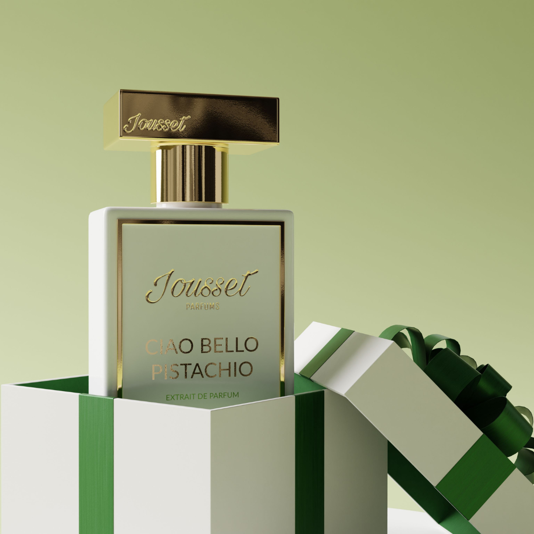 Jousset Parfums Cio Bello Pistachio Eau de Parfum – Flakon in offener Geschenkbox, stilvolle Präsentation eines gourmandigen Nischenparfums bei scent amor