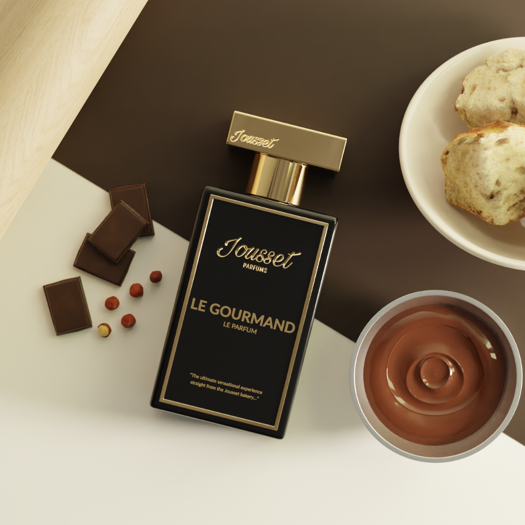 Jousset Parfums Le Gourmand Eau de Parfum – Flakon zwischen Teigrolle, Schokolade, Keksteig und Schokocreme, luxuriöses Gourmand-Mood bei scent amor