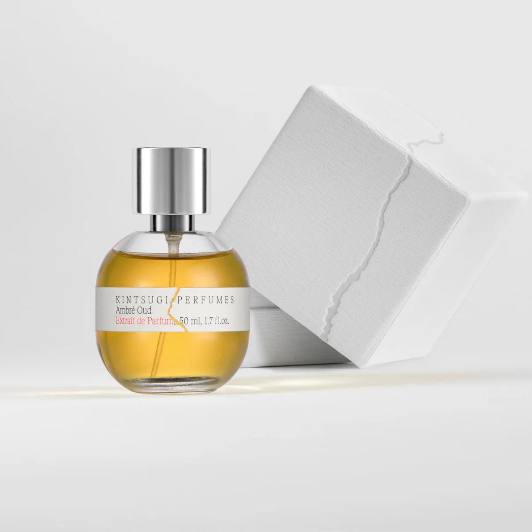 Kintsugi Perfumes Ambré Oud Extrait de Parfum, Duft in minimalistischer Präsentation mit markentypischer Ästhetik, tief und elegant komponiert, erhältlich bei scent amor.