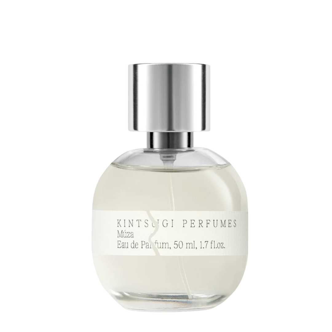 Kintsugi Perfumes MÚZA Eau de Parfum, minimalistischer Glasflakon mit silbernem Verschluss, klare und elegante Duftkomposition, erhältlich bei scent amor.