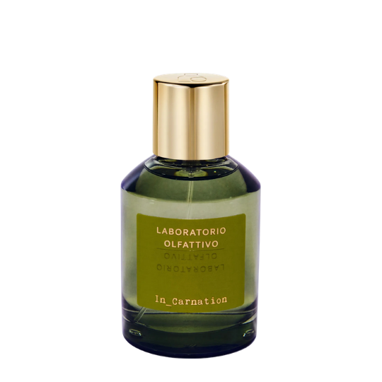 Laboratorio Olfattivo IN_CARNATION Eau de Parfum, olivgrüner Flakon mit goldener Kappe und modernem minimalistischem Design, erhältlich bei scent amor.