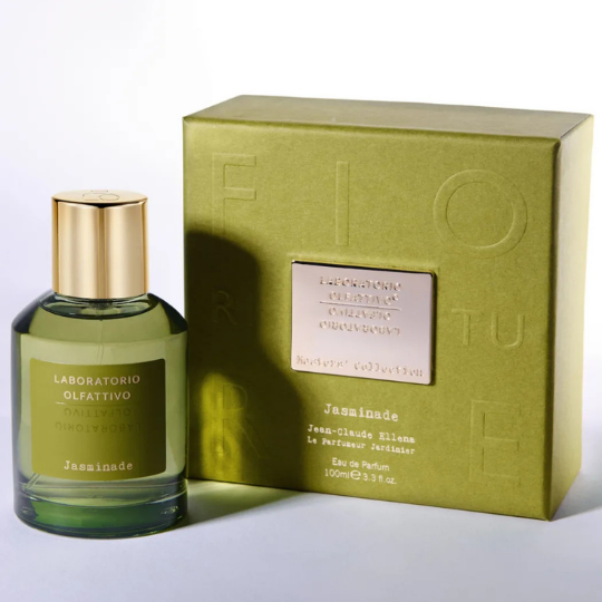Laboratorio Olfattivo Jasminade Eau de Parfum mit olivgrünem Flakon und passender Duftbox im minimalistischen Design, erhältlich bei scent amor.
