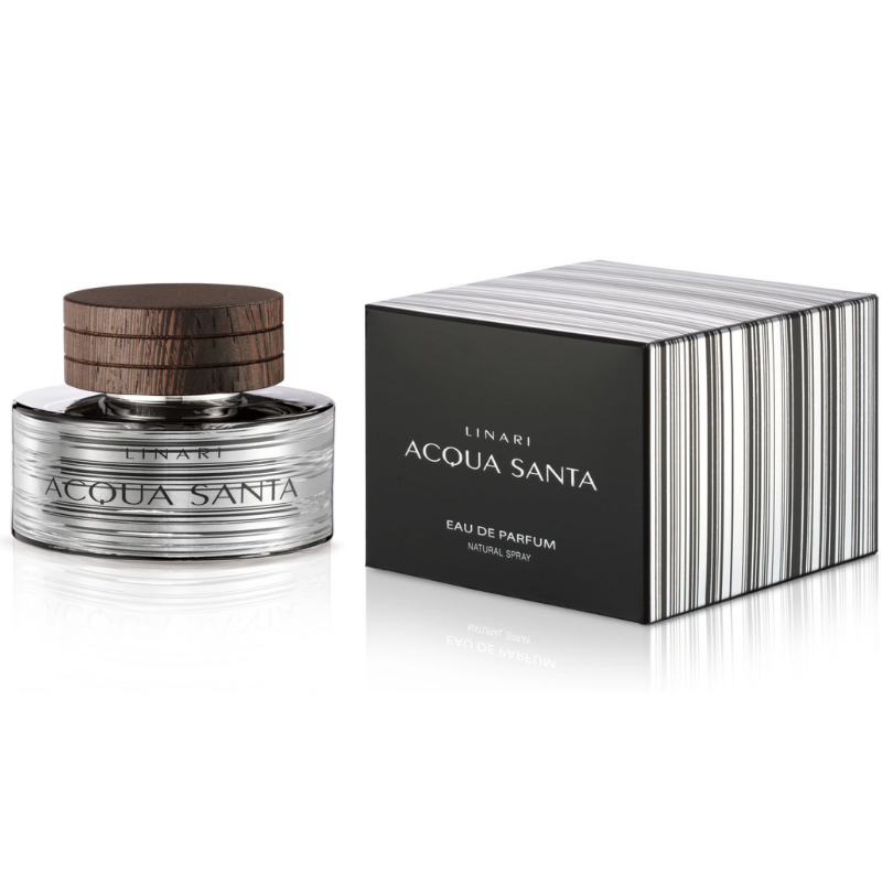 Linari Acqua Santa Eau de Parfum, eleganter Parfumflakon neben Verpackung im modernen Design, hochwertig und minimalistisch präsentiert, erhältlich bei scent amor.