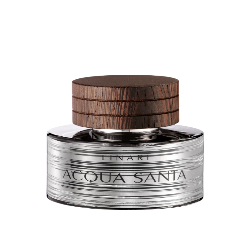 Linari Acqua Santa Eau de Parfum, eleganter Parfumflakon mit silbernem Design und dunklem Holzdeckel, modern und klar gestaltet, erhältlich bei scent amor.