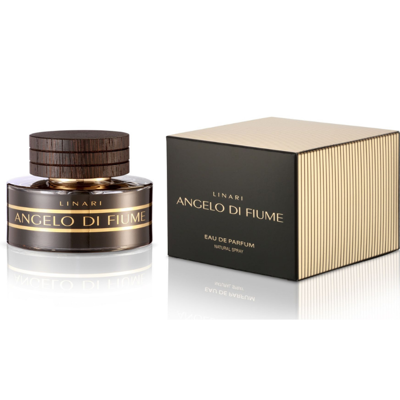Linari Angelo di Fiume Eau de Parfum, Parfumflakon neben edler Verpackung mit goldenen Akzenten, luxuriös präsentiert, erhältlich bei scent amor.