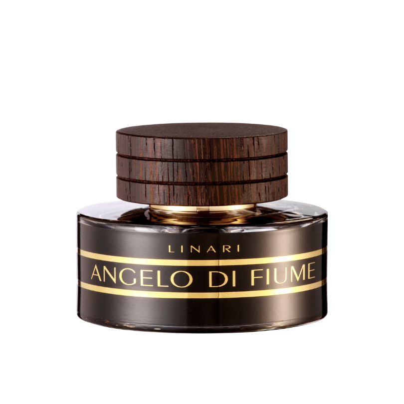 Linari Angelo di Fiume Eau de Parfum, eleganter Parfumflakon mit dunklem Glas und Holzdeckel, warm und luxuriös gestaltet, erhältlich bei scent amor.
