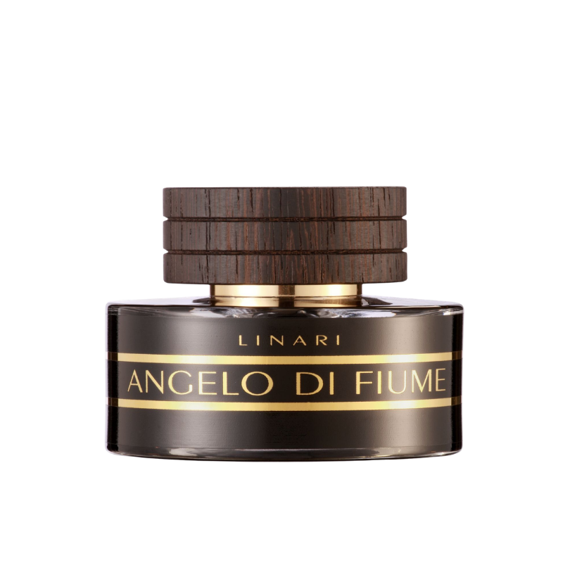 Linari Angelo di Fiume Eau de Parfum, dunkler Duftflakon mit goldenen Akzenten und Holzdeckel, intensiv und stilvoll, erhältlich bei scent amor.