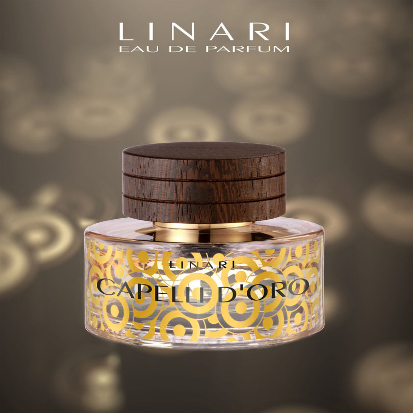 Linari Capelli d’Oro Eau de Parfum, eleganter Parfumflakon vor stilvoller Hintergrundinszenierung, luxuriös und modern dargestellt, erhältlich bei scent amor.