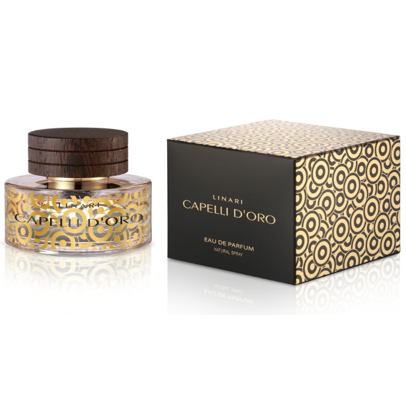 Linari Capelli d’Oro Eau de Parfum, hochwertiger Parfumflakon neben Verpackung mit goldenem Design, edel und stilvoll präsentiert, erhältlich bei scent amor.