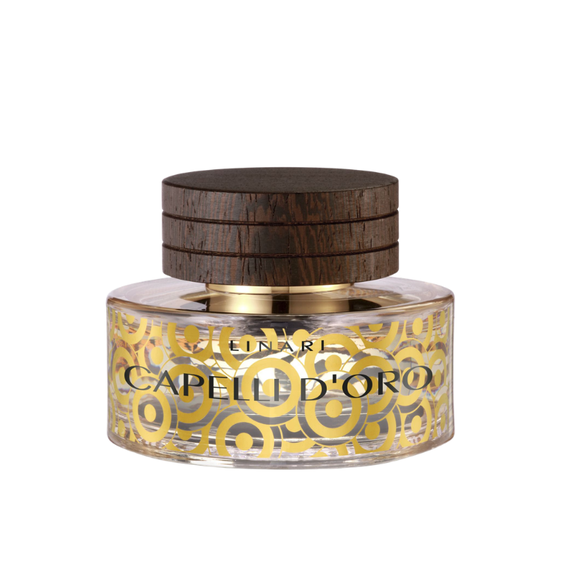 Linari Capelli d’Oro Eau de Parfum, luxuriöser Parfumflakon mit goldenem Muster und Holzdeckel, elegant und ausdrucksstark gestaltet, erhältlich bei scent amor.