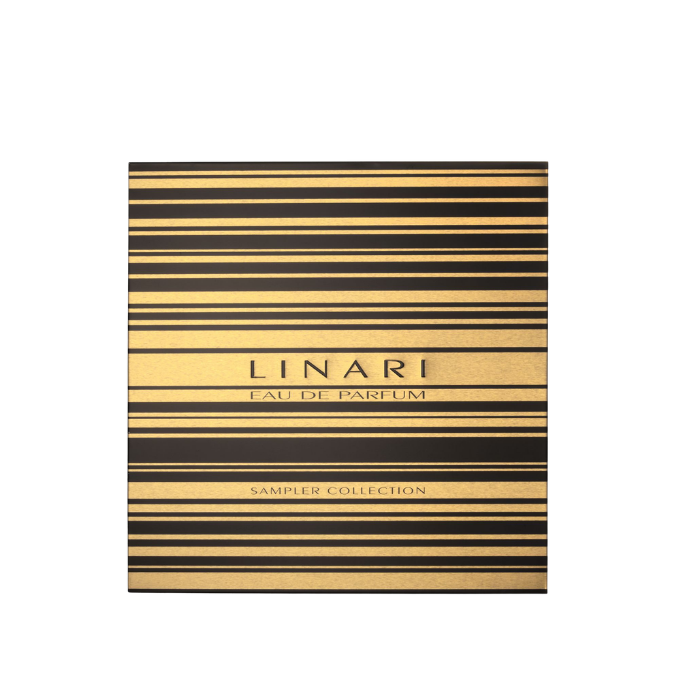 Linari Discovery Set Eau de Parfum, elegante schwarz-goldene Box mit Streifenmuster und Logo minimalistisch dargestellt, erhältlich bei scent amor.
