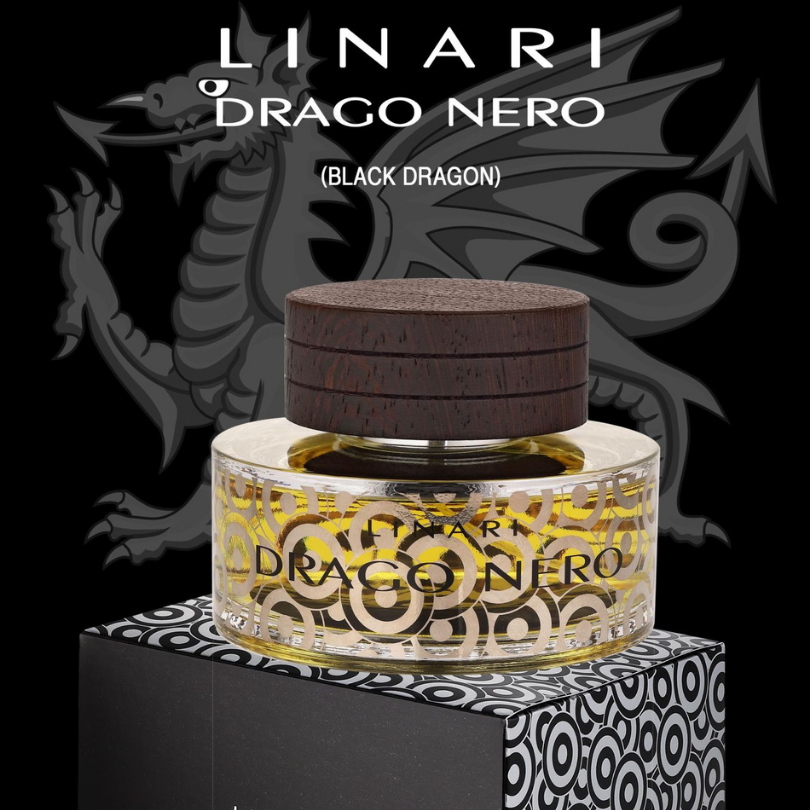 Linari Drago Nero Eau de Parfum, Parfumflakon mit grafischem Muster vor Drachenmotiv, kraftvoll und charakterstark inszeniert, erhältlich bei scent amor.