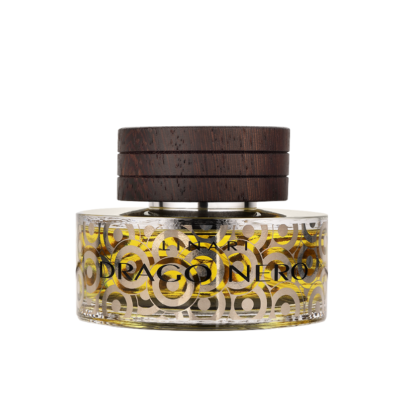 Linari Drago Nero Eau de Parfum, luxuriöser Parfumflakon mit goldener Flüssigkeit und dunklem Holzdeckel, elegant und ausdrucksstark gestaltet, erhältlich bei scent amor.