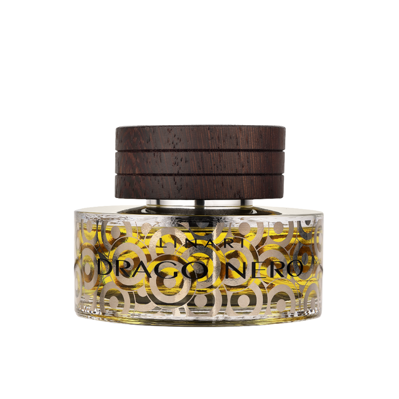 Linari Drago Nero Eau de Parfum, luxuriöser Duftflakon mit goldenen Ornamenten und dunklem Holzdeckel, warm und ausdrucksstark, erhältlich bei scent amor.