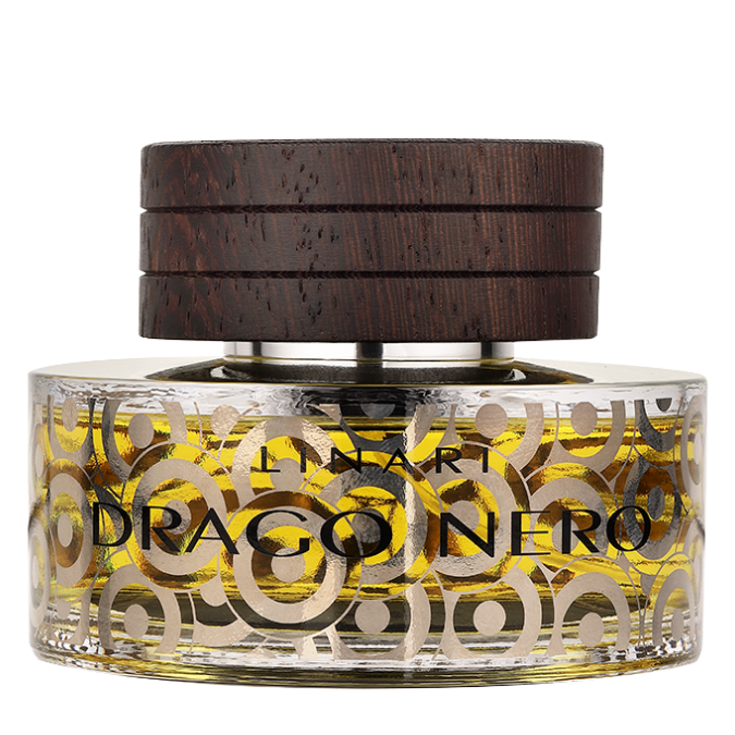 Linari Drago Nero Eau de Parfum, luxuriöser Duftflakon mit goldenen Ornamenten und dunklem Holzdeckel, warm und ausdrucksstark, erhältlich bei scent amor.