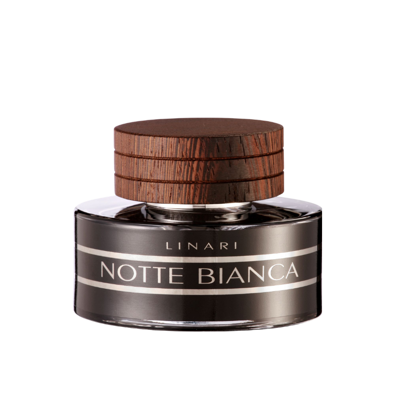 Linari Notte Bianca Eau de Parfum, eleganter Parfumflakon mit dunklem Design und Holzdeckel, modern und stilvoll inszeniert, erhältlich bei scent amor.
