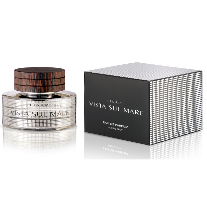 Linari Vista Sul Mare Eau de Parfum, eleganter Parfumflakon neben Verpackung mit Holzdeckel und silbernem Design, hochwertig und stilvoll präsentiert, erhältlich bei scent amor.